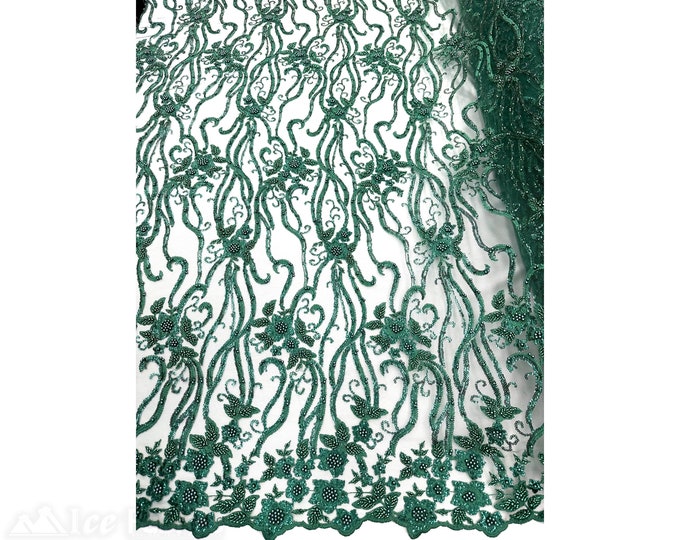 Hunter Green Floral Beaded Fabric By The Yard | Lace Fabric Embroidery Sequin Fabric with Beads on Mesh Fabric