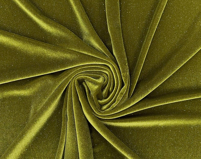 Olive Green Velvet Fabric By The Yard | Shiny Glitter Spandex Fabric | On Stretch Velvet Fabric | (60” Wide ) | For Dresses, tablecloth