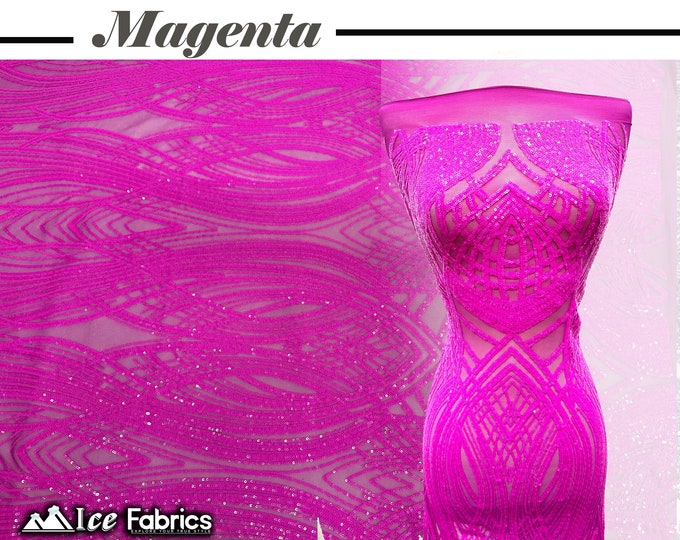 Peacock Magenta 4 Way Stretch Sequins Fabric By The Yard Magenta Mesh nylon Spandex Fabric | With Embroidery Sequin Lace