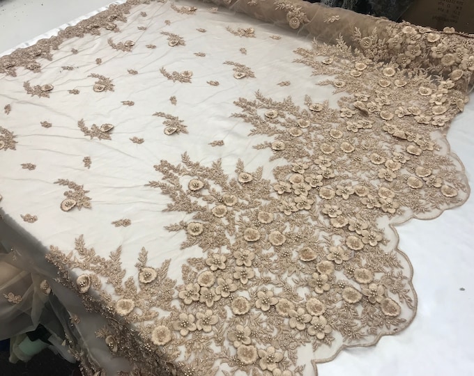 Taupe -Design Beaded Mesh Lace Fabric Bridal Wedding Sold By Yard clothing, jackets, dresses,skirts, applications, table covers, runners