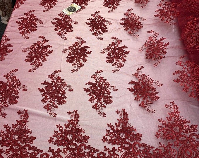 French Design Flower/Floral Mesh Lace (By The Yard)(Half Yard) Embroidery Lace Fabric (Burgundy) For Tablecloths/ Runners/ Skirts/ Costumes