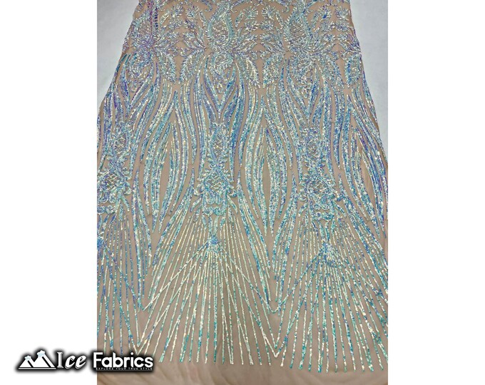 Loyalty Iridescent Blue on Nude Sequin Fabric By The Yard | Lace Embroidery Fabric | Sequin Lace on 4 Way Stretch Mesh