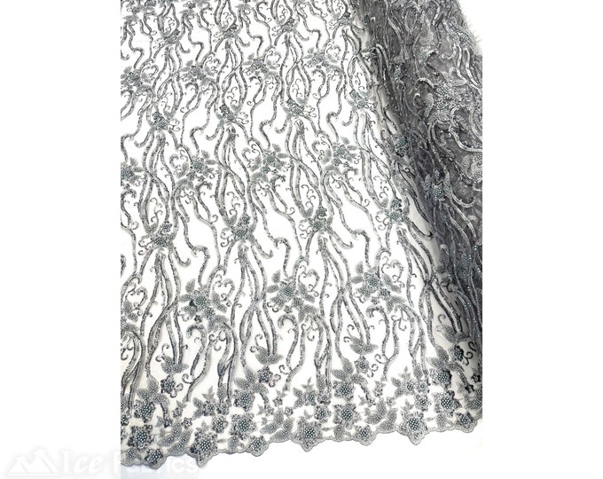 Silver Floral Beaded Fabric By The Yard | Lace Fabric Embroidery Sequin Fabric with Beads on Mesh Fabric