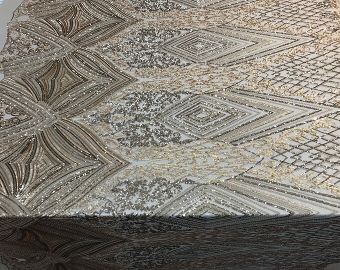 Full Sequins Geometric 4 way Stretch Fabric on mesh lace by the yard (Gold) used for Fashion apparel,wedding prom dress,tablecloths,veil