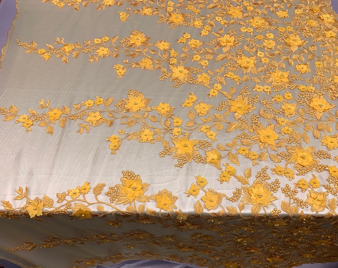 3D Pearls Flowers/Floral London Design Beaded Embroidered Mesh Lace Handmade Fabric By The Yard/ Tablecloths/ Veil/ Decor/ Skirts.(Yellow)