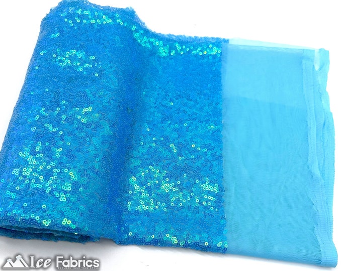 Luxury Iridescent Turquoise Mini Sequin Fabric By The Yard on Mesh Fabric | Glitter Sequin Fabric | 3mm Sequin Fabric