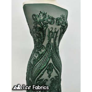 Hunter Green Damask Sequin Fabric By The Yard | Green Mesh 4 Way Stretch Sequin Fabric | 60” Wide | Embroidered Lace Fabric | EGP