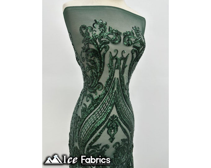 Hunter Green Damask Sequin Fabric By The Yard | Green Mesh 4 Way Stretch Sequin Fabric | 60” Wide | Embroidered Lace Fabric | EGP
