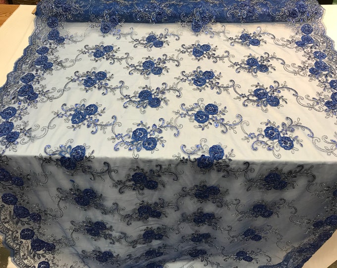 Royal Blue Embroidered mesh lace Flower Design with sequins by the yard.Floral wedding prom dress, tablecloths,runners,skirts,customs, decor