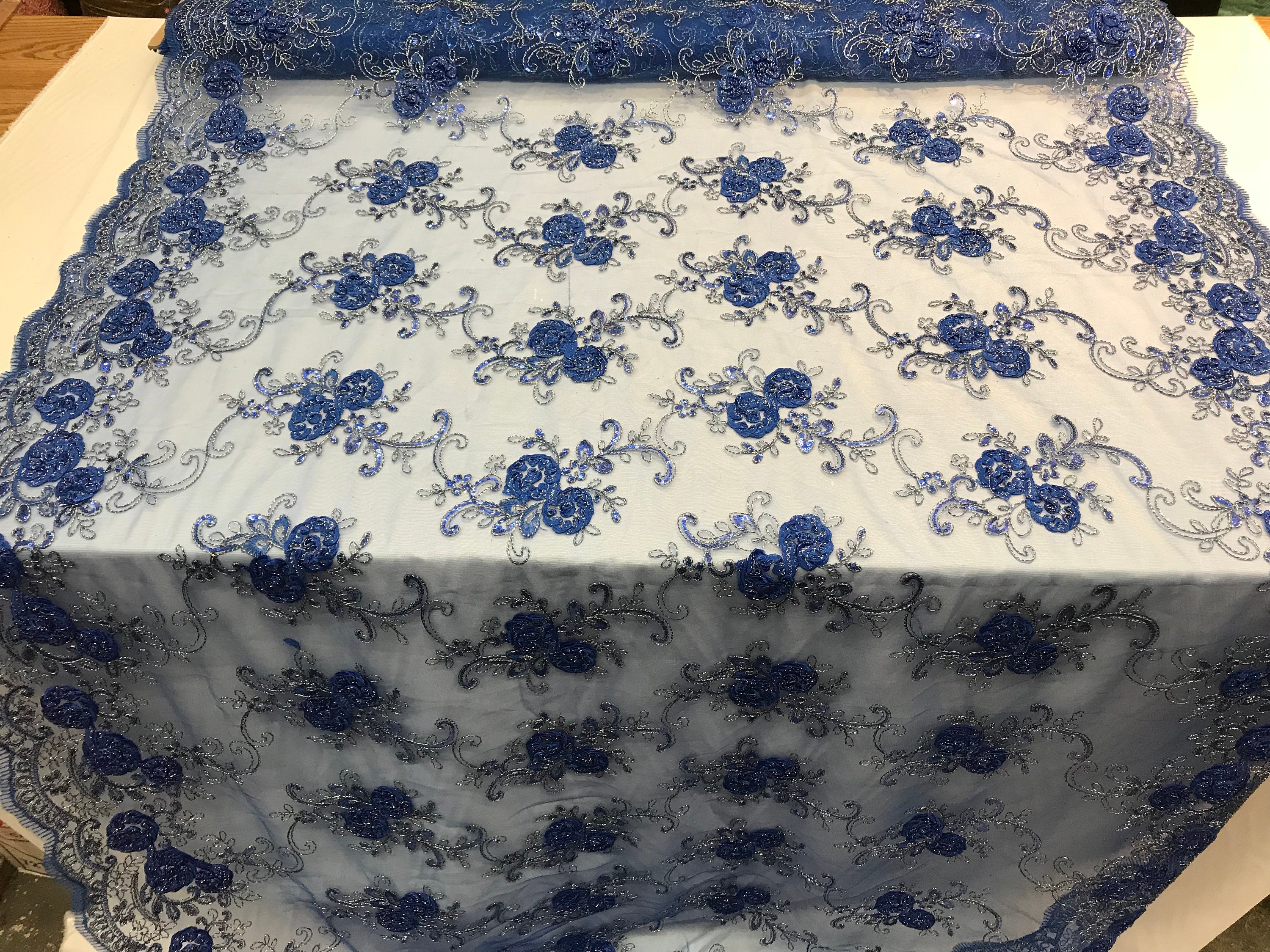 Royal Blue Embroidered Mesh Lace Flower Design With Sequins by | Etsy