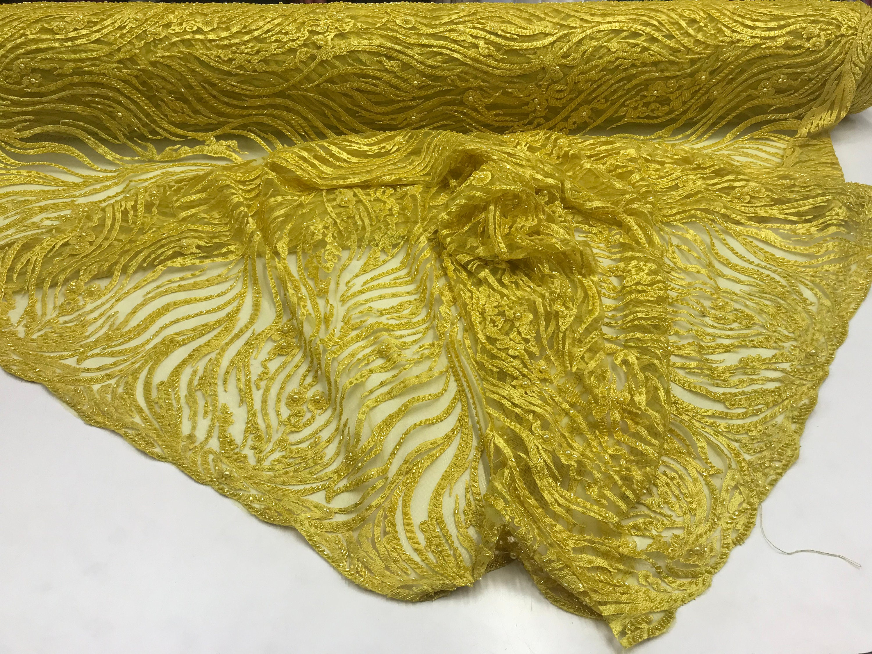 Yellow Lace by the Yard Embroidered Lace With Beads and Etsy