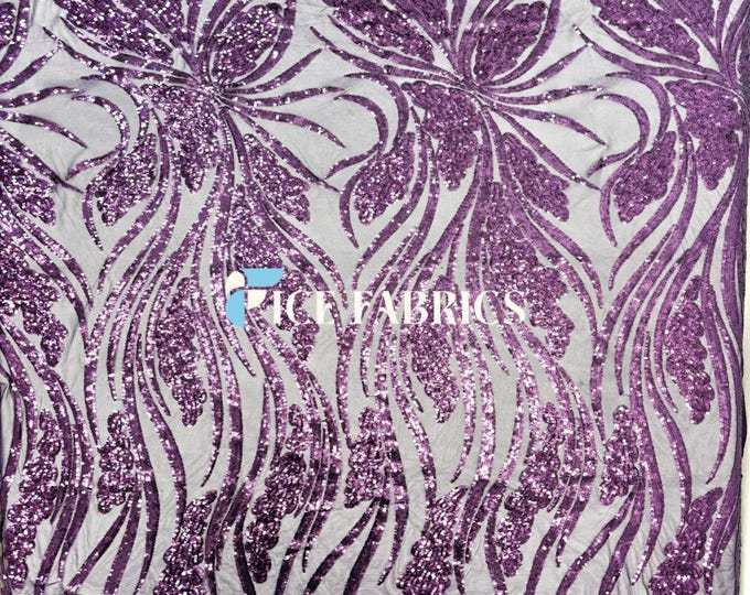 Elegant Feather Purple Sequin Fabric By The Yard Stretch Mesh Spandex Fabric Sequin Mesh Fabric Wedding Dress, Prom Dress