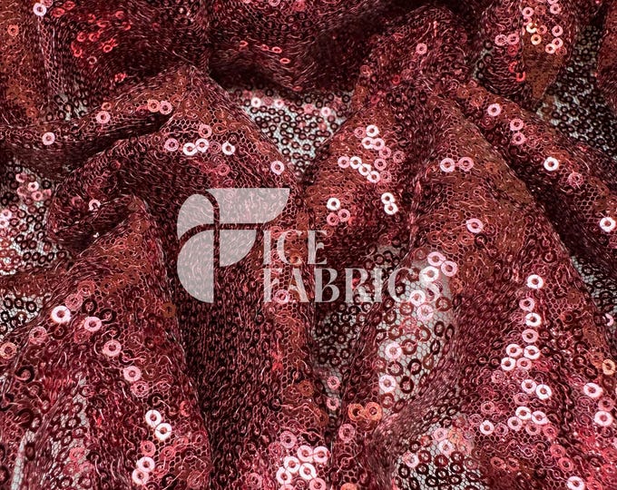 Burgundy All-Over Mesh Sequins Fabric by The Yard - 48" Wide Shiny 3mm Mini Sequin Fabric on Mesh for Apparel and Decor - Ice Fabrics