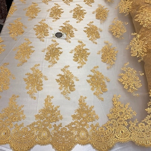 French Design Flower/Floral Mesh Lace (By The Yard)(Half Yard) Embroidery Lace Fabric (Yellow) For Tablecloths/ Runners/ Skirts/ Costumes