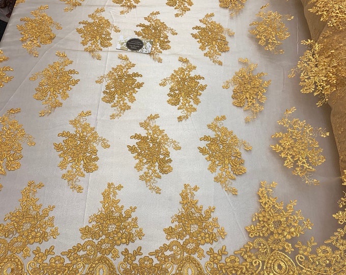 French Design Flower/Floral Mesh Lace (By The Yard)(Half Yard) Embroidery Lace Fabric (Yellow) For Tablecloths/ Runners/ Skirts/ Costumes