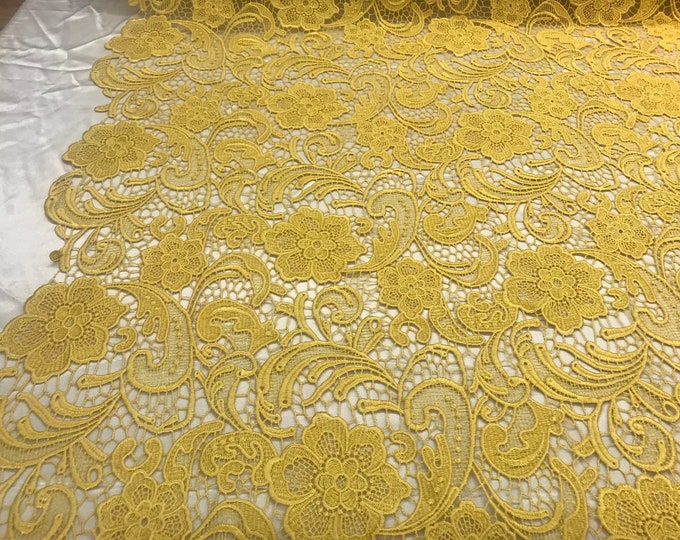 Yellow Heavy Quality Guipur Mesh Lace Fabric by the yard. Use For Floral Top Fashion Wedding Prom Dress, tablecloths,runners,skirts, veil