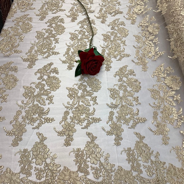 2 WAY Stretch FLOWERS/Mesh Lace Fabric By Yard/Champagne Lace/ Embroidered Lace/Floral Lace/For Tablecloths/ Runners/Costumes/Dress/Skirts