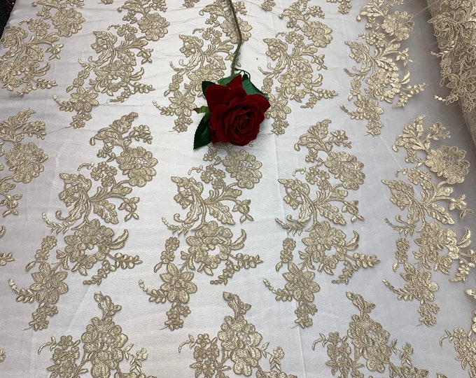 2 WAY Stretch FLOWERS/Mesh Lace Fabric By Yard/Champagne Lace/ Embroidered Lace/Floral Lace/For Tablecloths/ Runners/Costumes/Dress/Skirts