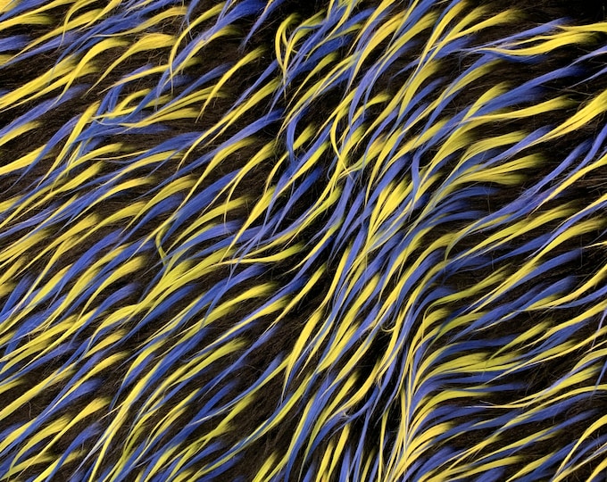 Blue,Yellow,Black _ 3 Tone Long Pile Faux Fake Fur 60'' Wide Fabric By The Yard // Animal Fur Coats, Fur Clothing, Blankets, Bed Spreads.