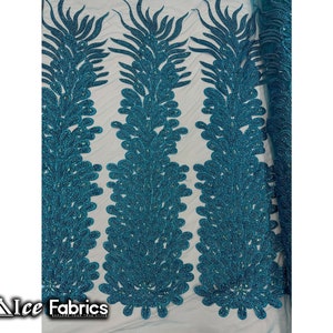 Turquoise Peacock Feather Beaded Fabric sold by Panel | Embroidery Handmade Lace