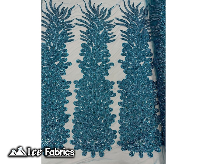 Turquoise Peacock Feather Beaded Fabric sold by Panel | Embroidery Handmade Lace