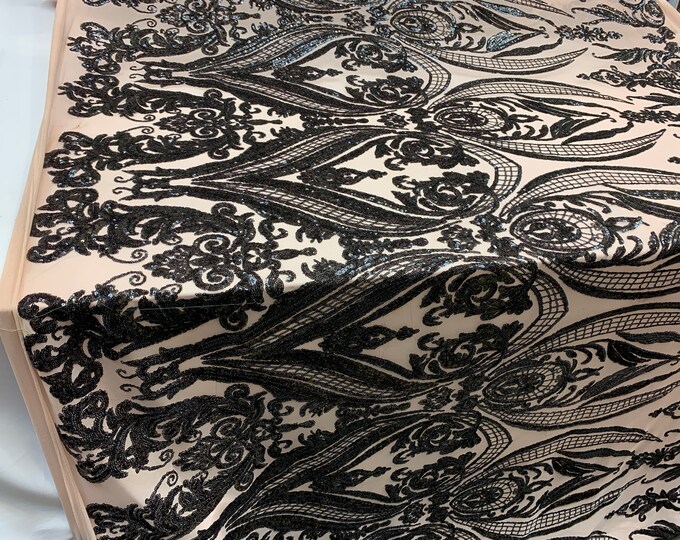 Royalty  (Black) Sequins 4 Way Stretch Spandex On Nude Mesh Fabric By The Yard/ Embroidery Fabric/ Prom Lace/ Wedding Dress