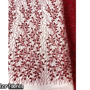 Burgundy Beaded Embroidered Fabric By The Yard Floral Flowers Sequin Handmade Lace Fabric on mesh Fabric