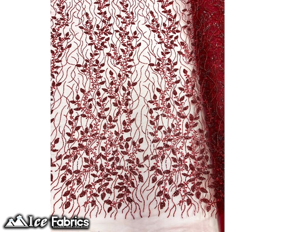 Burgundy Beaded Embroidered Fabric By The Yard Floral Flowers Sequin Handmade Lace Fabric on mesh Fabric