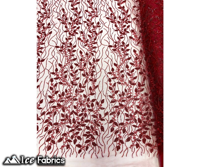 Burgundy Beaded Embroidered Fabric By The Yard Floral Flowers Sequin Handmade Lace Fabric on mesh Fabric