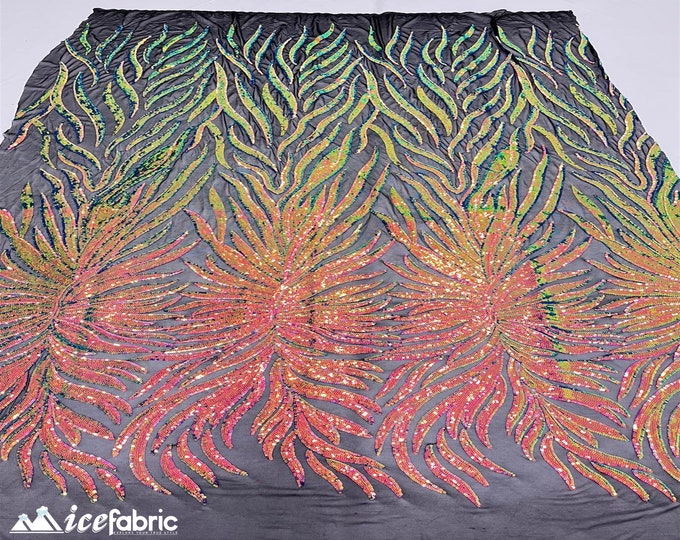Feather 4 Way Stretch Sequin Fabric By The Yard | Iridescent Pink Green Orange on Black Mesh | Feather Embroidered Lace Fabric on Power Mesh