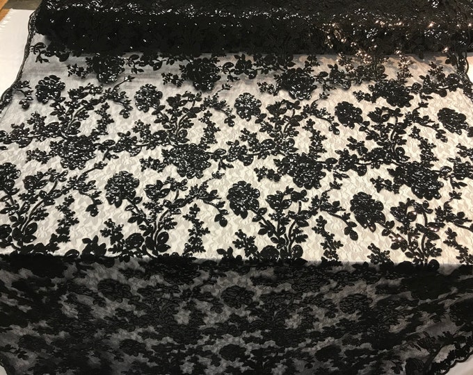 Black Sequins bridal Fashion women wedding dress fabric decoration tablecloth jacket mesh lace prom dress Shop Flower Design by the yard.