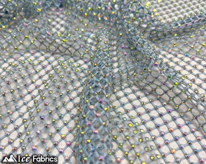 Baby Blue Iridescent Crystal 4 Way Stretch Beaded Fabric on Fish net Fabric By The Yard | Spandex Lace with Handmade Beads