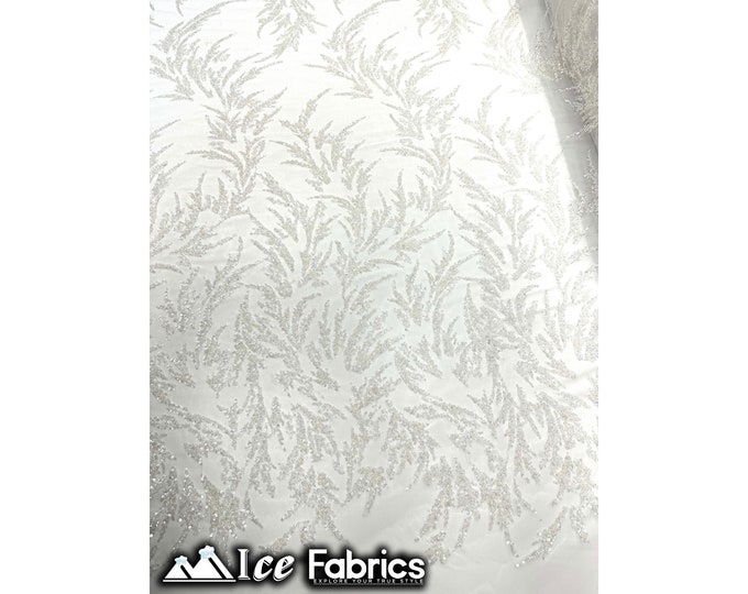 Modern Floral Hand Beading Lace Fabric | By The Yard | Off White Beads with Sequin on Mesh Fabric