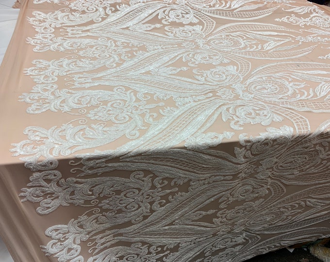 Royalty Iridescent (White) Sequins 4 Way Stretch Spandex Nude Mesh Fabric By The Yard/ Embroidery Fabric/ Prom Lace/ Wedding Dress/
