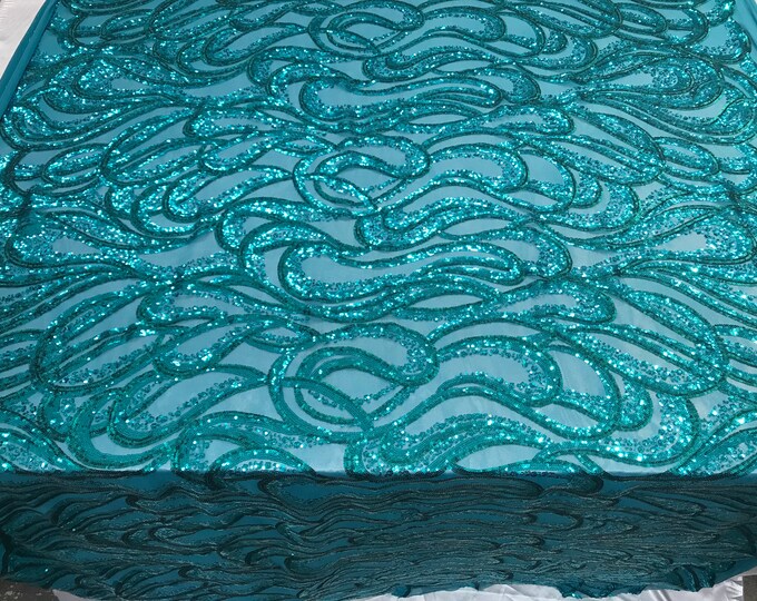 Full Sequins Geometric 4 way Stretch Fabric on mesh lace by the yard(Turquoise) used for Fashion apparel,wedding prom dress,tablecloths,veil