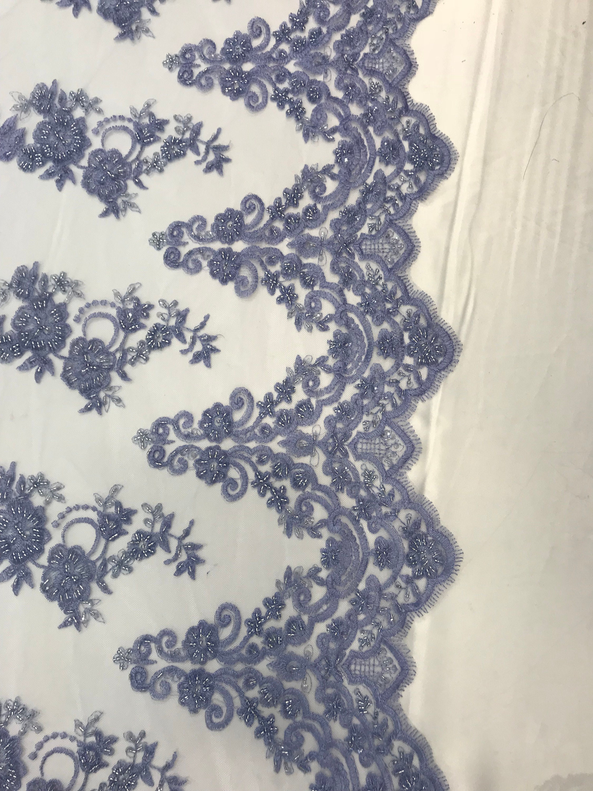 Lavender Beaded Mesh Lace Fabric By The Yard Embroidered Etsy