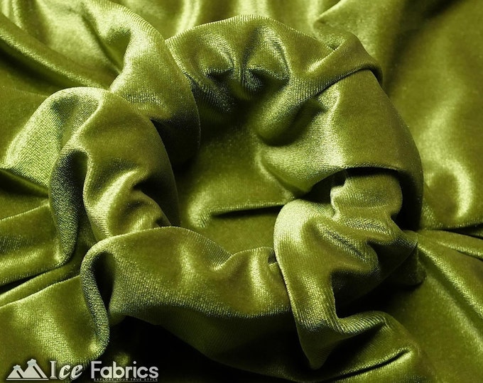 Smooth Light Olive Green 4 Way Stretch Velvet Fabric By The Yard | Polyester Spandex Fabric | 60” Wide | for Dress, tablecloth, Drapery
