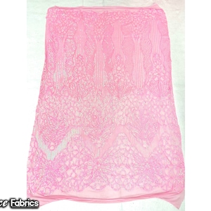 Candy Pink 4 Way Stretch Sequin fabric by the yard | Embroidery Lace Fabric On Mesh Spandex Sequin Fabric
