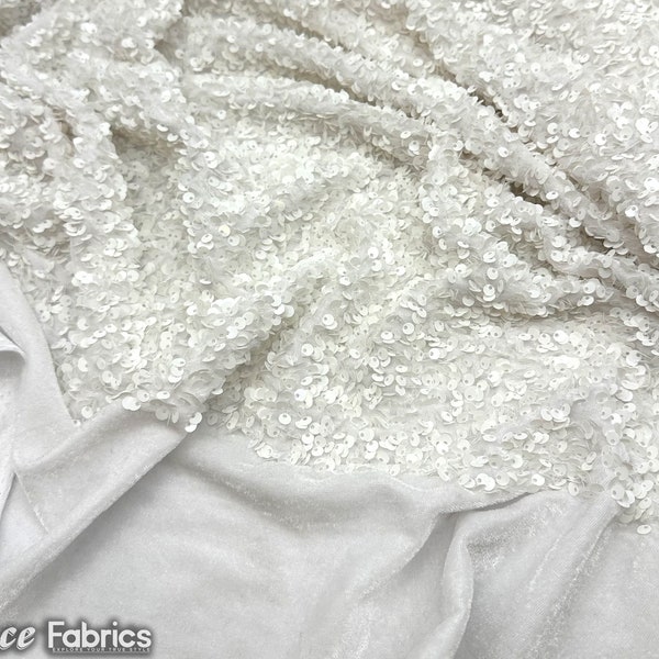 Luxury Stretch Velvet Sequin Fabric White on White Velvet By The Yard | Full All Over Sequin ( 5mm) on stretch Velvet Fabric