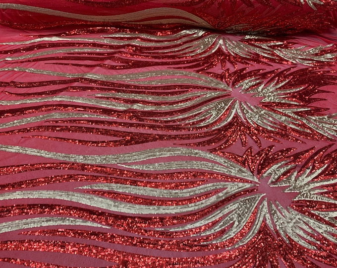 Red,Gold_ FEATHER Floral French Sequins// Spandex Mesh 4 Way Stretch Sequins Mesh Lace Fabric By The Yard//Sequins Stretch Prom Lace