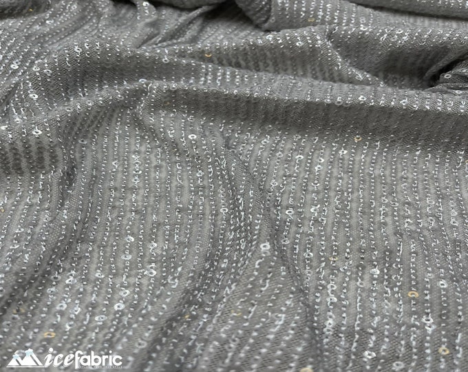 Elegant Silver Mini Sequin Fabric By The Yard | 2 Way Stretch Mesh Fabric | Horizontal Stretch | Embroidery All Over Sequin