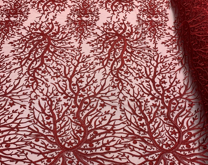 Burgundy_ Floral Lace Fabric Sold By The Yard_ Mesh Lace Bridal Fabric_ Wedding Lace, Floral Lace, Light Lace, Soft Lace.