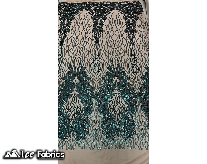 Tree Design Sequin Fabric By The Yard | Hunter Green on Nude Mesh 4 way Stretch Spandex Fabric | Embroidery Lace on Mesh