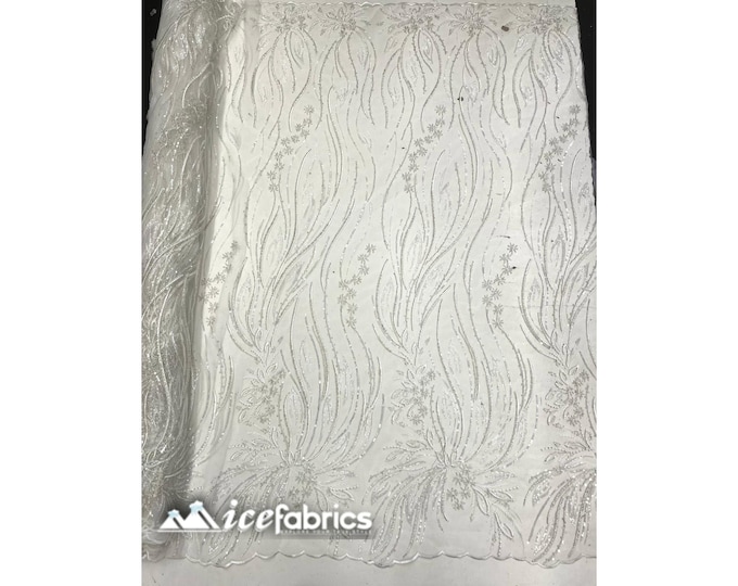 Rose Floral Beaded Fabric By The Yard | Off White Handmade Flower Embroidery Lace Fabric | Wedding Dress, Prom Dress