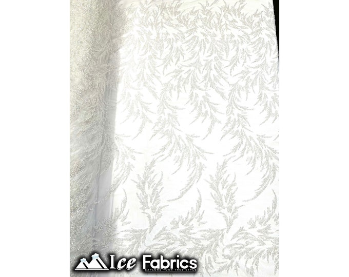 Modern Floral Hand Beading Lace Fabric | By The Yard | White Beads with Sequin on Mesh Fabric