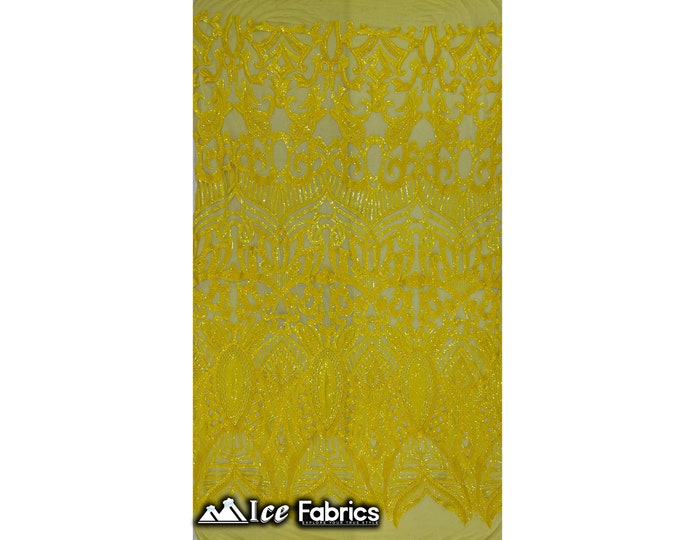 Luxury Sequin Fabric By The Yard | Yellow Power mesh | 4 Way Stretch Lace Fabric | Prom Dress (B I G)