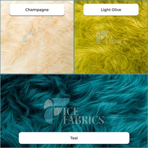 Op de afbeelding: Een collectie van drie kunstbont stofstalen in de kleuren champagne, licht olijfgroen en talingblauw. Elk gedeelte toont een langpolige, ruige textuur met een zacht uiterlijk. De afbeelding bevat de tekstlabels Champagne, Light Olive en Teal.