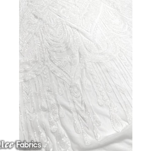 African White 4 Way Stretch Sequin Fabric By The Yard | Mesh Sequin Fabric | Embroidered Lace Fabric