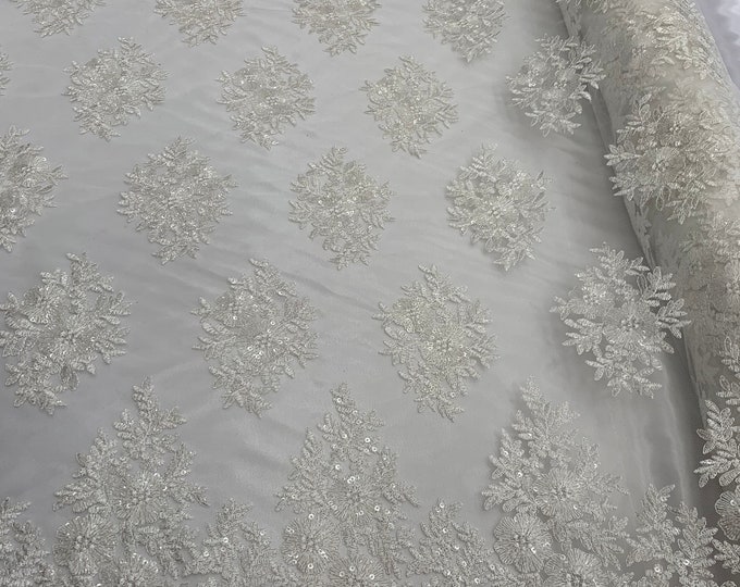 White_ Floral Lace Fabric By Yard_ Embroidered Corded Metallic Flowers On A Mesh Lace Fabric With Sequins_ Dresses,Gowns,Tablecloths,Costume