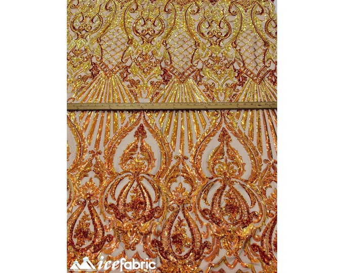 Diba Sequin Fabric By The Yard (Iridescent Orange) 4 Way Stretch Sequin Fabric _ Geometric Pattern Lace on Mesh _ Prom Dress and much more